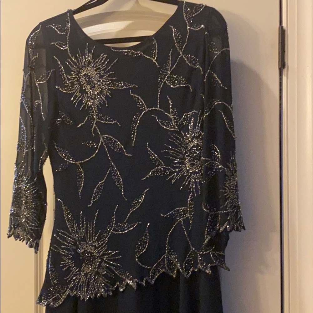JKara Navy Blue Sequined Long Gown. Size 12. 3/4 Sleeve Mother of Bride or Groom